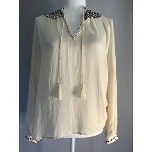 Lucky Brand Woman's Embroidered Beaded Peasant Top Small